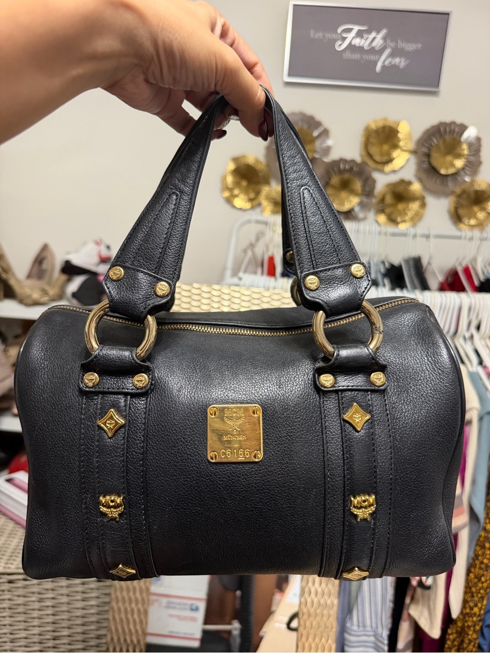 MCM Black Leather Mini Bowling Bag with Gold Plaque